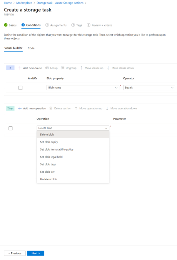 Azure Storage Actions: conditions instellen, operation