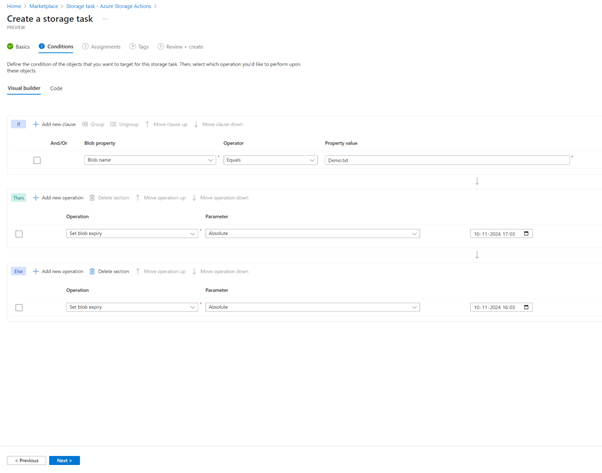 Azure Storage Actions: Storage task conditions, else toevoegen