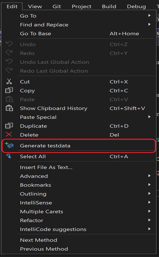 voorbeeld van onze extensie in het Edit menu van Visual Studio
